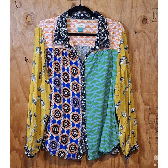Maeve The Paz Mixed Print Button Down Shirt Women's 2X Safari Zebras Maximalist - Picture 2 of 8